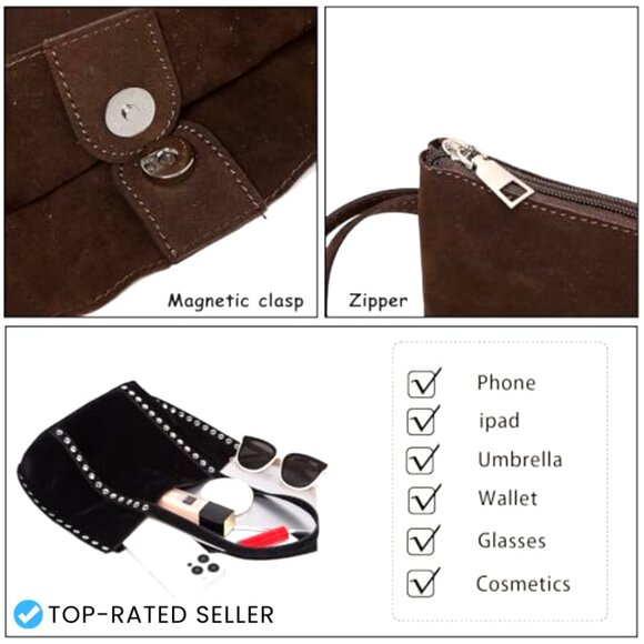 Faux Suede Tote Bag Studded Hobo Shoulder Handbag Vintage Trendy Mini Purse - Picture 4 of 4